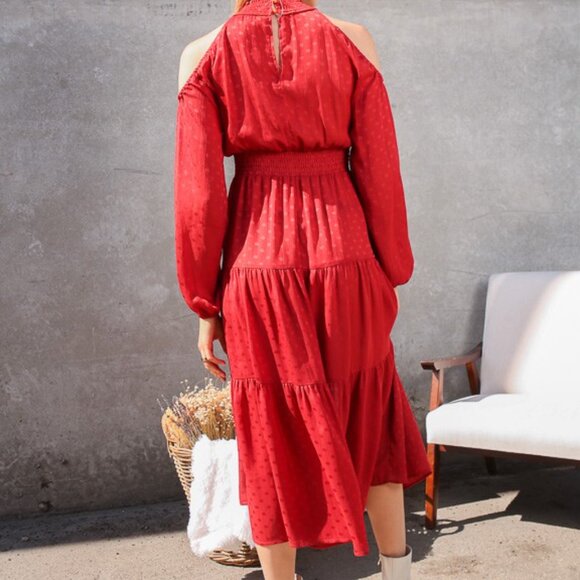 LUMIERE Red Cold Shoulder Tiered Midi Dress Long Sleeve Smocked Waist Boutique - Picture 3 of 6